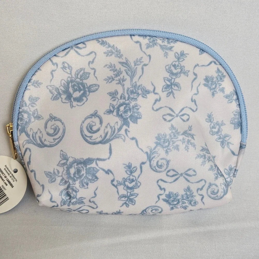 Set of 2 Floral Travel Cosmetic Zipper Pouches White Blue Pink 5.5